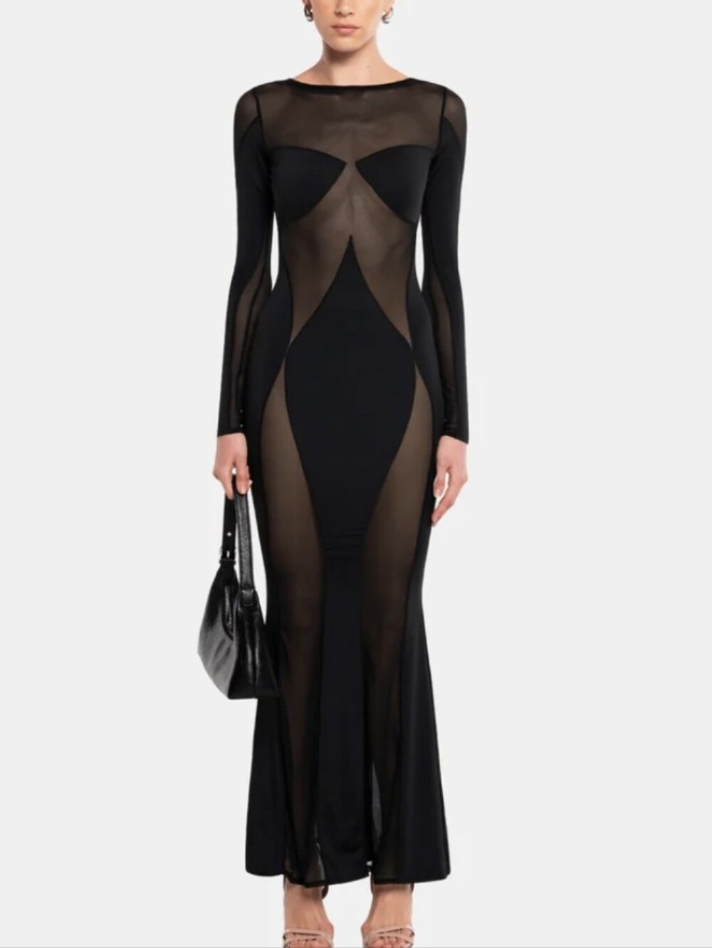 OW Collection Sierra Maxi Dress Mesh Sheer Panels Long Sleeves M NWT